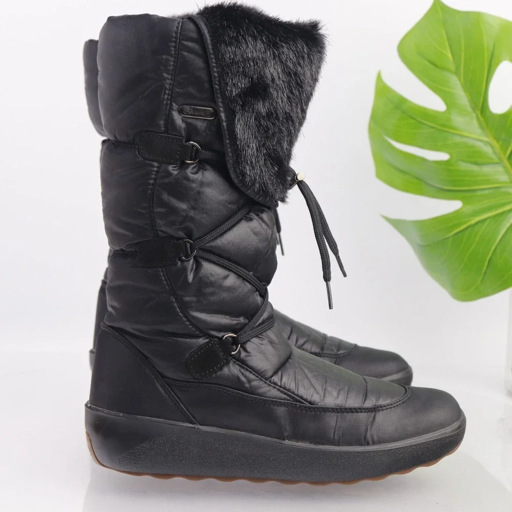 Pajar Womens Snow Boots Size 41 10 Waterproof Black Nylon Furry Pull On Quilted
